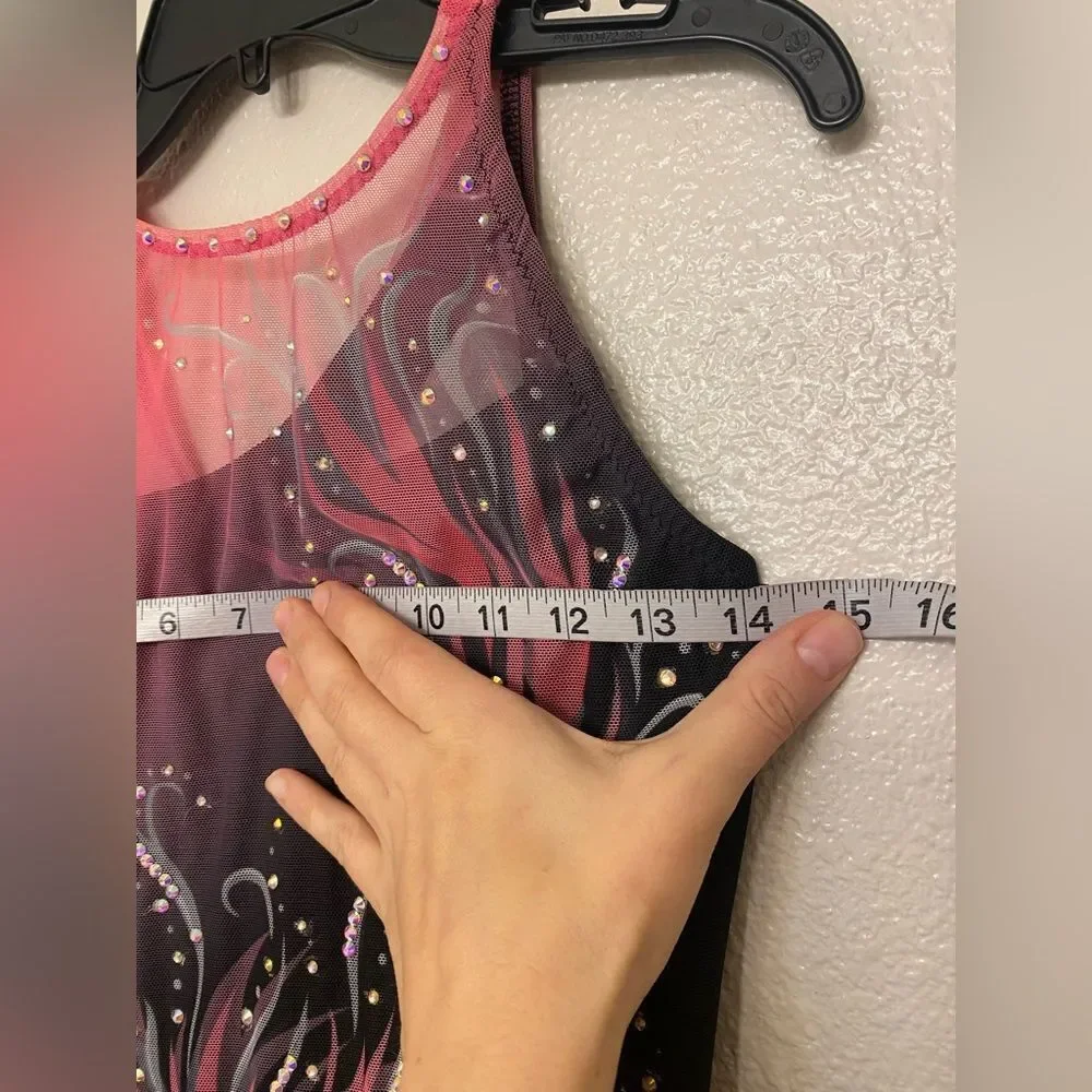 Lyrical skating solo dance costume black pink floral rhinestone ballet dress XLC